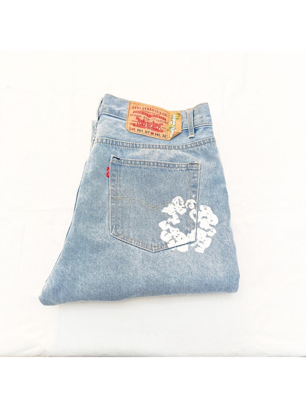 Levis Jeans x Denim Tears Light Wash Button Fly Flower Print NWT Size 34 x 32